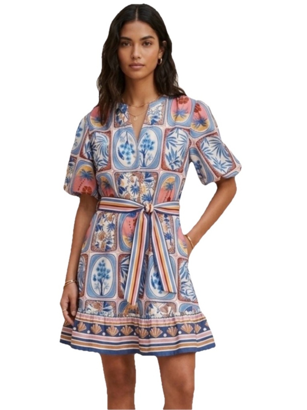 Joie Hawaiian Palm Trees Blue & Orange Patterned Summer Mini Dress Size 4 & 16